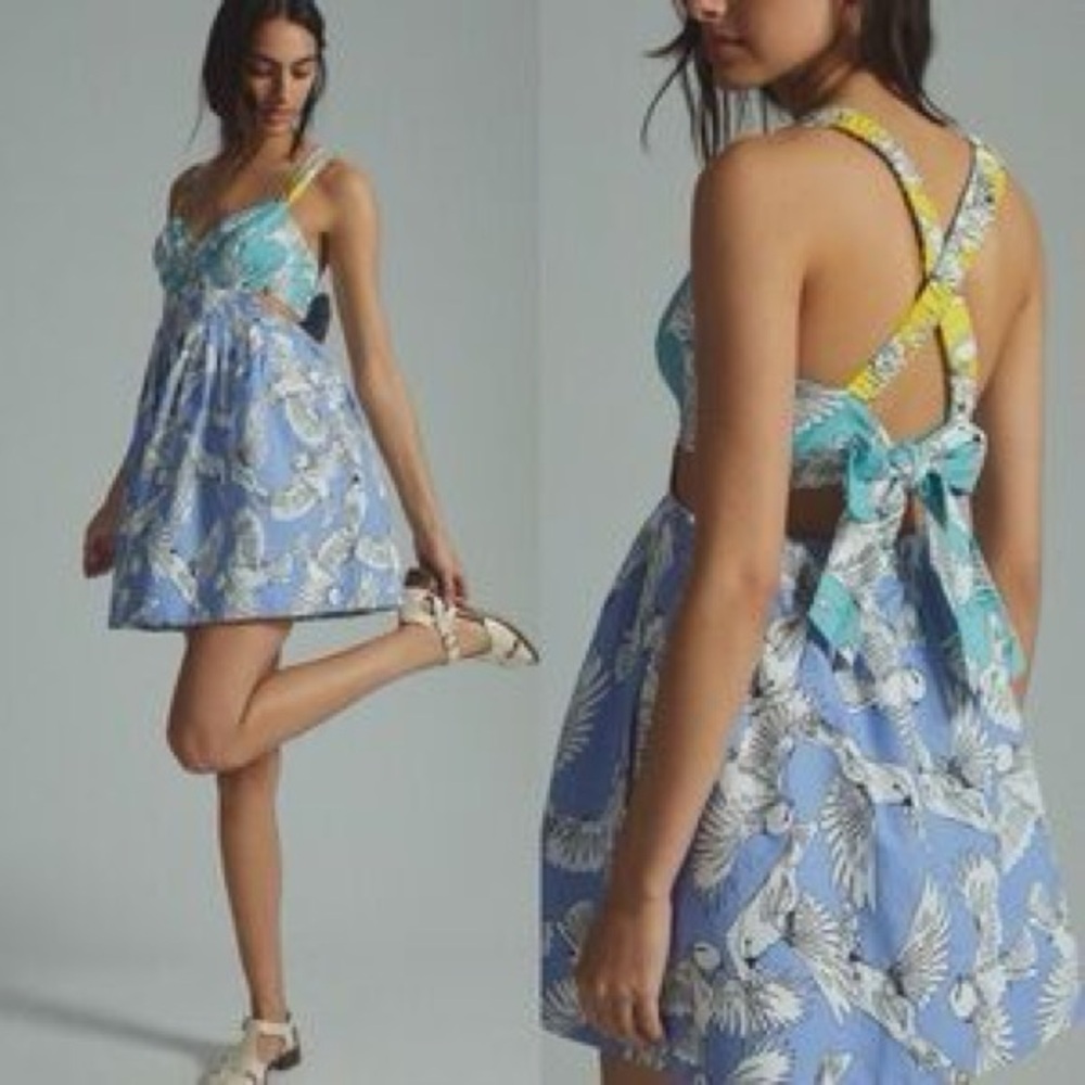 Anthropologie Maeve Babydoll Mini Dress Open Tie Back Bird Print Sleeveless Sz 6